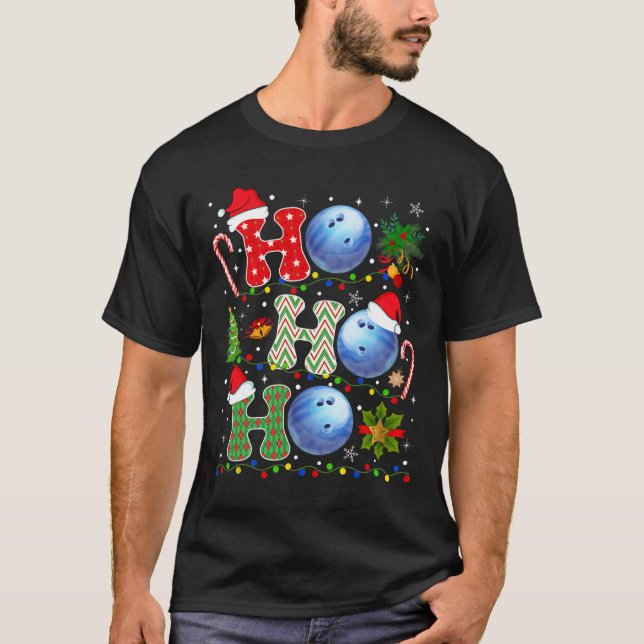 Christmas Tree Bowling Ho Ho Ho Santa Lights Xmas  T-Shirt (Front)