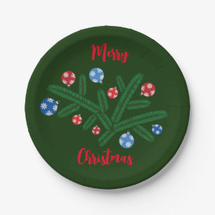Christmas tree branch with snowflake decorations paper plate