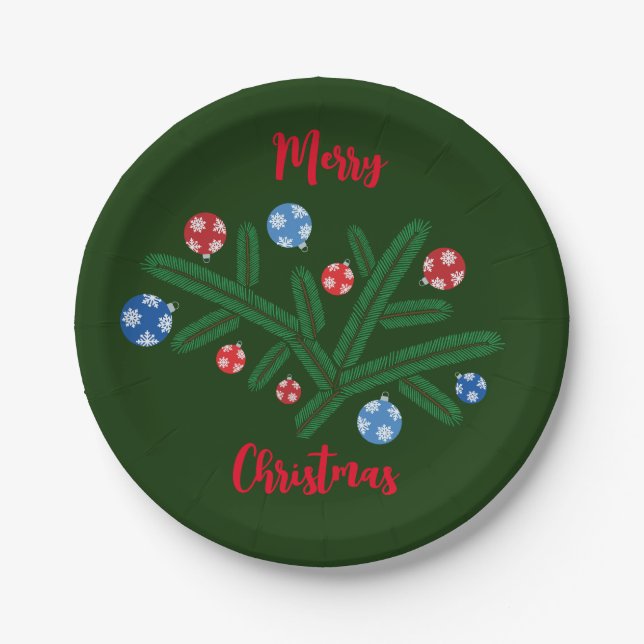 Christmas tree branch with snowflake decorations paper plate (Front)