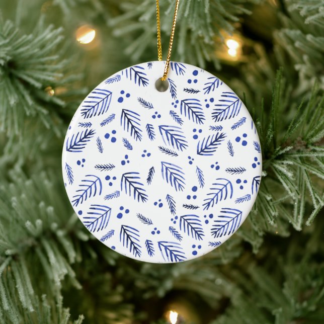 Christmas tree branches and berries - blue ceramic tree decoration (Tree)
