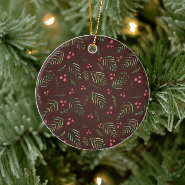Christmas tree branches and berries - brown&green ceramic tree decoration (Tree)