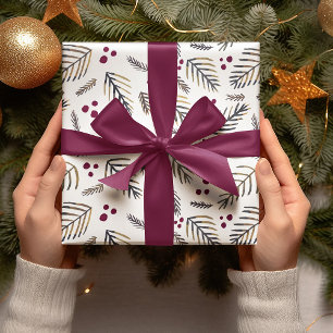 Christmas tree branches and berries - burgundy wrapping paper sheet