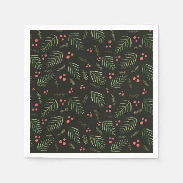 Christmas tree branches and berries - dark green napkin (Front)