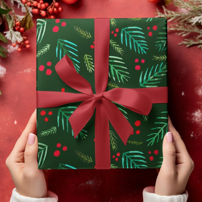 Christmas tree branches and berries - dark green wrapping paper sheet (Creator Uploaded)