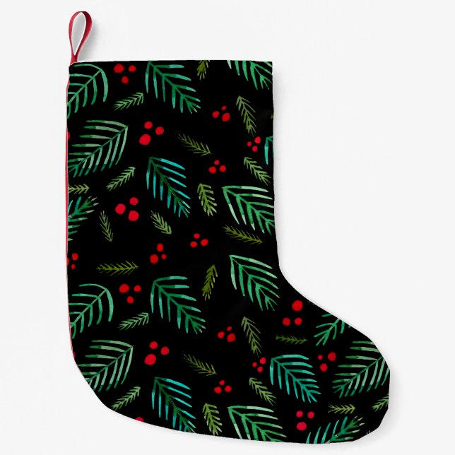 Christmas tree branches and berries - dark small christmas stocking (Front)