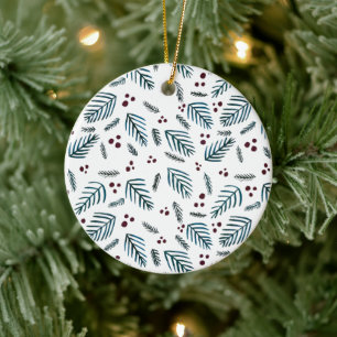 Christmas tree branches and berries - dark teal ceramic tree decoration