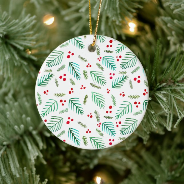 Christmas tree branches and berries - green & red ceramic tree decoration (Tree)