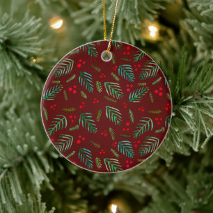 Christmas tree branches and berries - red & green ceramic tree decoration