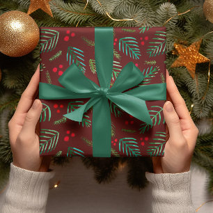 Christmas tree branches and berries - red & green wrapping paper sheet
