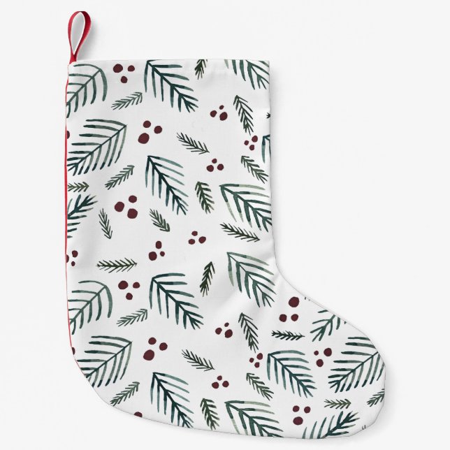 Christmas tree branches and berries - teal small christmas stocking (Front)