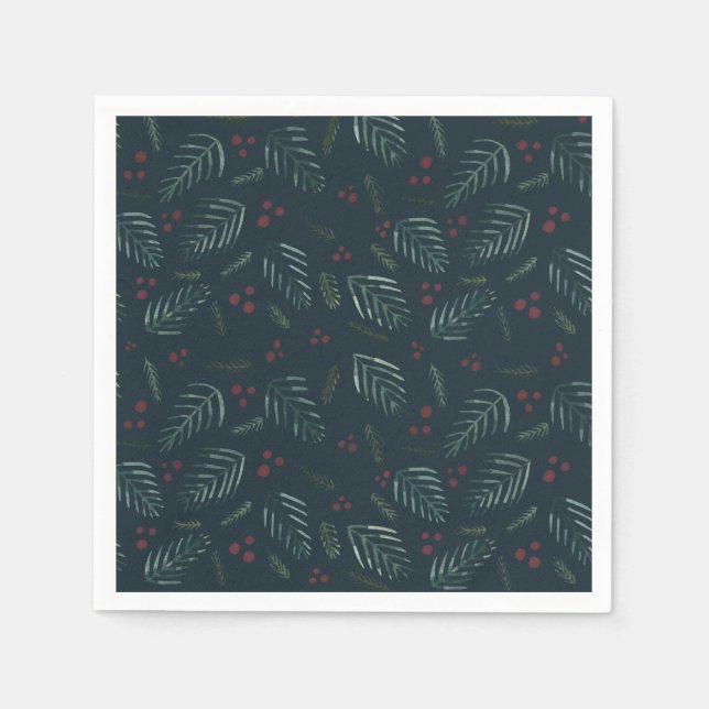 Christmas tree branches and berries - vintage teal napkin (Front)