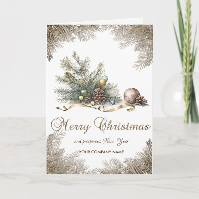 Christmas Tree Branches,Pine cones,Balls Corporate Holiday Card (Front)