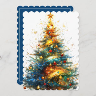 Christmas Tree Bright Colors Gold Star Holiday Card