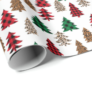 Christmas Tree Buffalo Plaid and Leopard Wrapping Paper