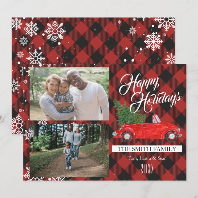 Christmas Tree Buffalo Plaid Photo Christmas Card (Front/Back)