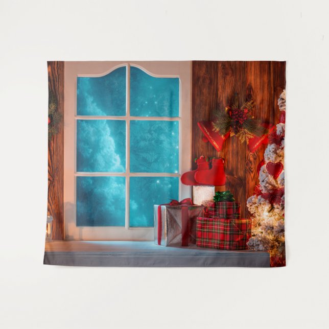 Christmas Tree Cabin winter Xmas Backdrop Tapestry (Front (Horizontal))