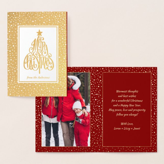 Christmas Tree Calligraphy | Photo Holiday Real Foil Card (Display)