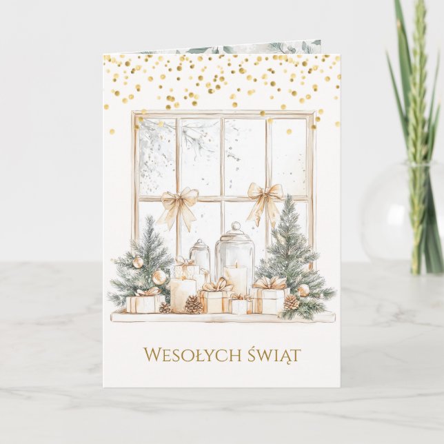 Christmas Tree Candles Pine Cones Polish Christmas Holiday Card (Front)