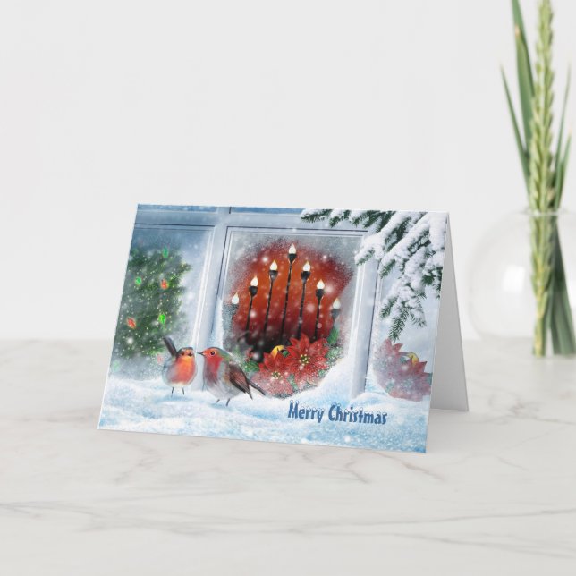 Christmas tree, candles, poinsettia and red robin holiday card (Front)