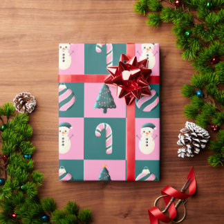 Christmas tree candy cane bauble snowman pink cyan wrapping paper