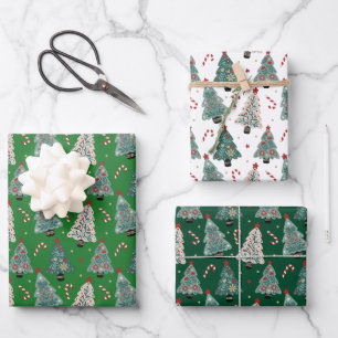 Christmas Tree Candy Canes Green Red White Pattern Wrapping Paper Sheet