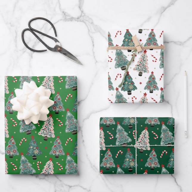 Christmas Tree Candy Canes Green Red White Pattern Wrapping Paper Sheet (Front)