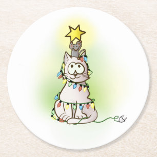 Christmas Tree Cat and Mouse with Shiny Star Ceram Round Paper Coaster
