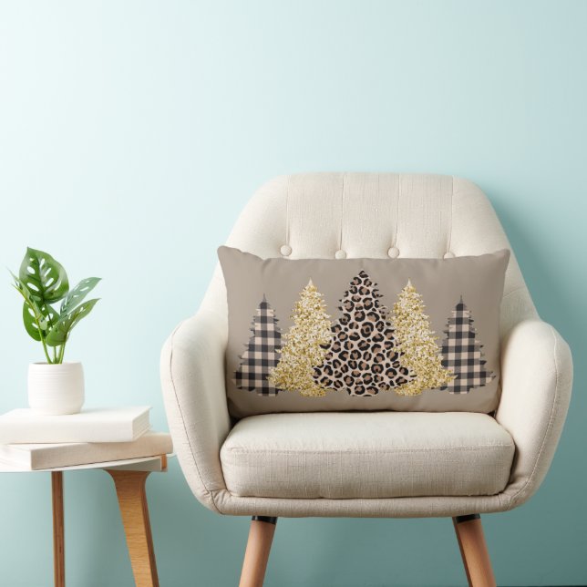 Christmas Tree Cheetah Print Buffalo Plaid Glitter Lumbar Cushion (Chair)