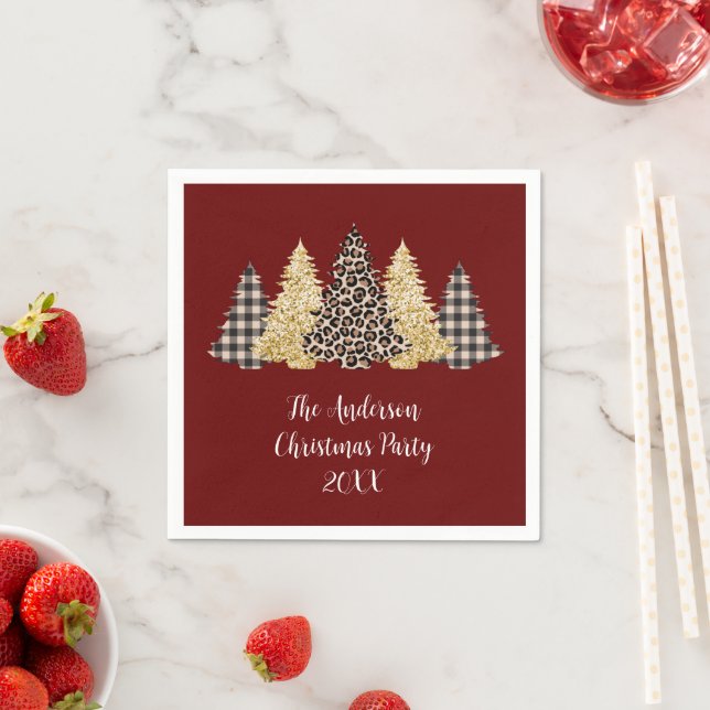 Christmas Tree Cheetah Print Buffalo Plaid Glitter Napkin (Insitu)