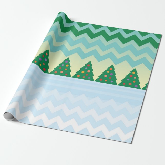 Christmas Tree Chevron Scene Wrapping Paper (Unrolled)