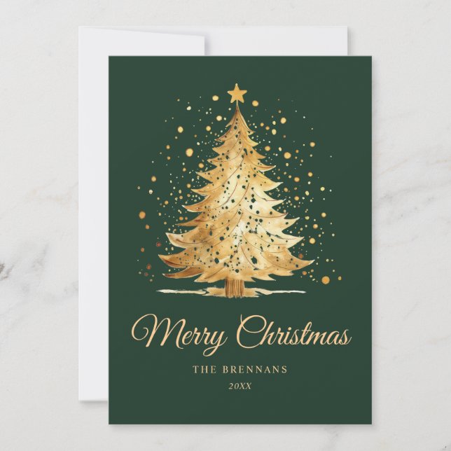 Christmas Tree Chic Elegant Minimalist Green Gold Holiday Card (Front)