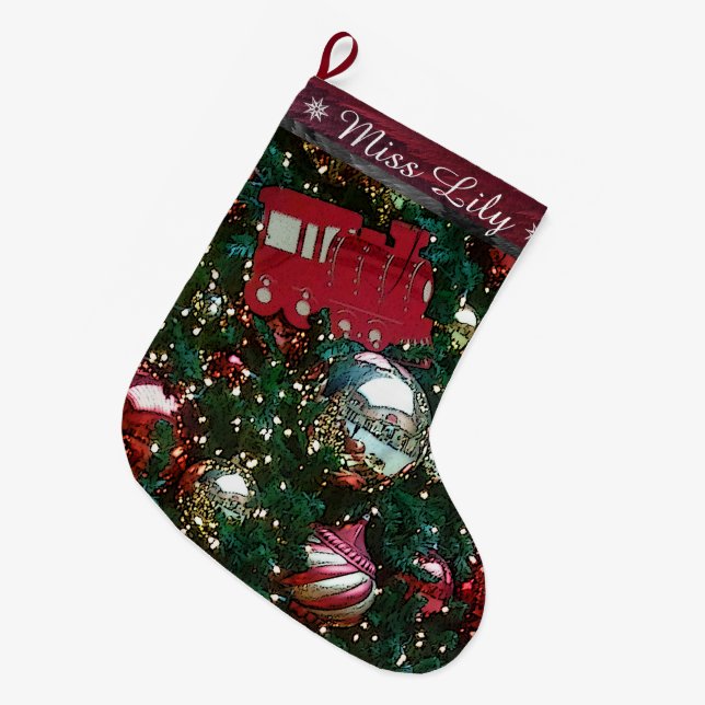 Christmas Tree Chicago Union Station Toy Train Large Christmas Stocking (Front (Hanging))
