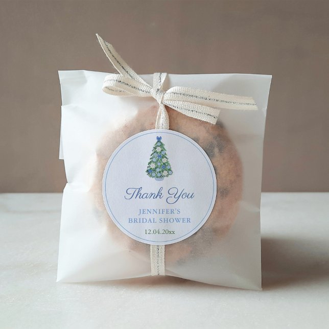 Christmas Tree Chinoiserie Wedding Shower Thanks Classic Round Sticker (Elegant Blue And White Holidays Bridal Shower Favor Stickers)