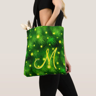 Christmas Tree Christmas Lights Greenery Monogram Tote Bag