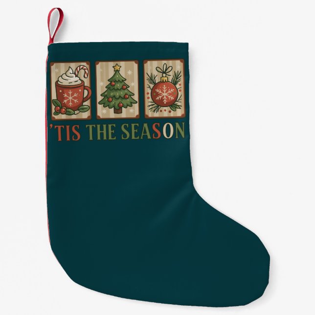 Christmas Tree Cocoa Retro Holiday Tis The Season  Small Christmas Stocking (Front)