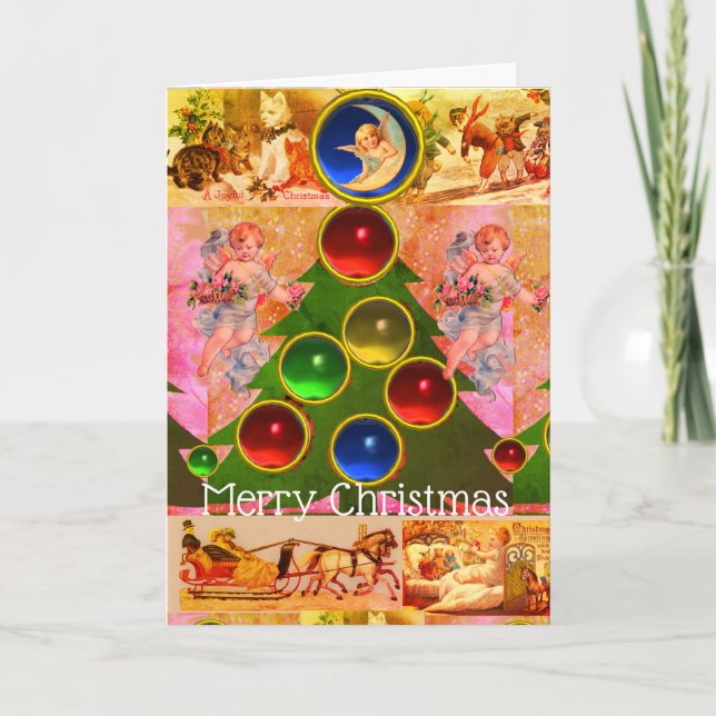 CHRISTMAS TREE,COLORFUL BALLS, ANGELS ,CHILDREN CARD (Front)