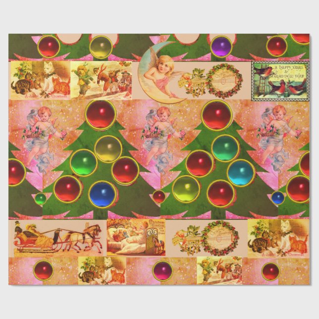 CHRISTMAS TREE,COLORFUL BALLS, ANGELS ,CHILDREN WRAPPING PAPER (Flat)