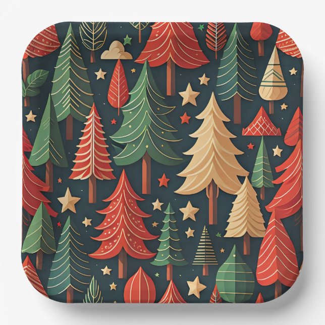 Christmas Tree Colourful Pattern Paper Plate (Front)