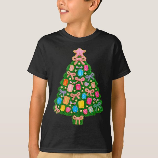 Christmas Tree Coquette Bow Crochet Xmas Pajamas H T-Shirt (Front)