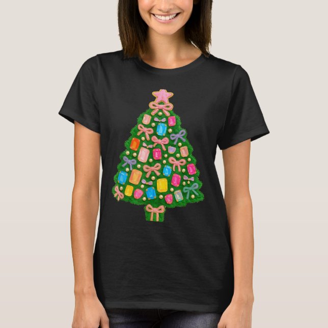 Christmas Tree Coquette Bow Crochet Xmas Pajamas H T-Shirt (Front)