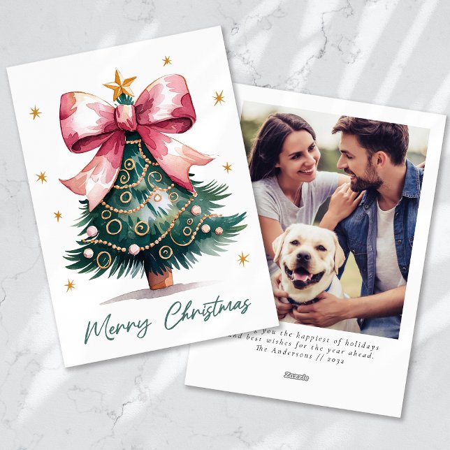 Christmas Tree Coquette Bow Photo Holiday Card (Creator Uploaded)