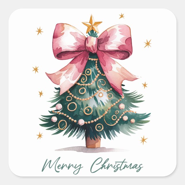 Christmas Tree Coquette Bow Square Sticker (Front)