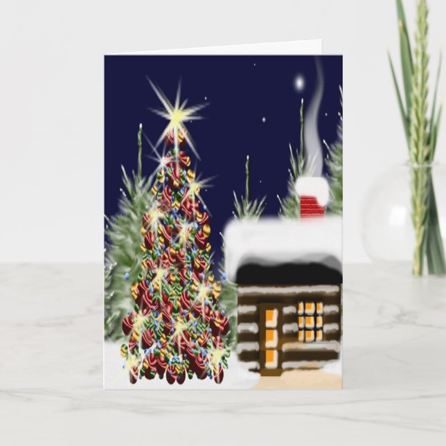 Christmas Tree Cozy Log Cabin Winter Forest Holiday Card (Front)