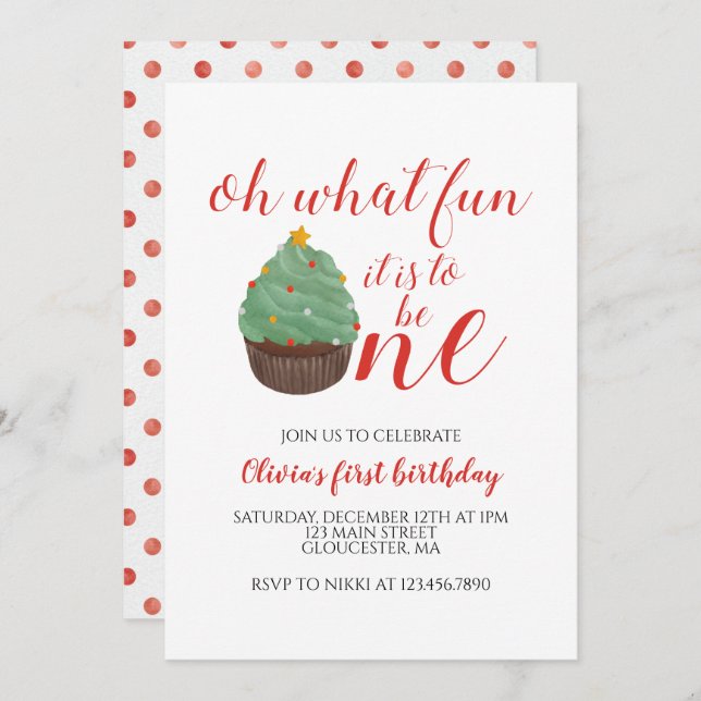 Christmas Tree Cupcake First Birthday Invitation (Front/Back)
