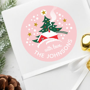 Christmas Tree Custom Name Snow Vintage Pink Classic Round Sticker