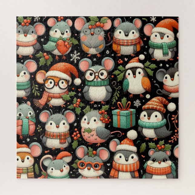 Christmas Tree Cute colourful Mistletoe Mice Jigsaw Puzzle (Vertical)