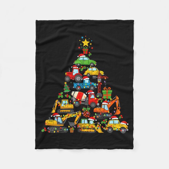 Christmas Tree Cute Construction Truck Xmas Holida Fleece Blanket (Front)