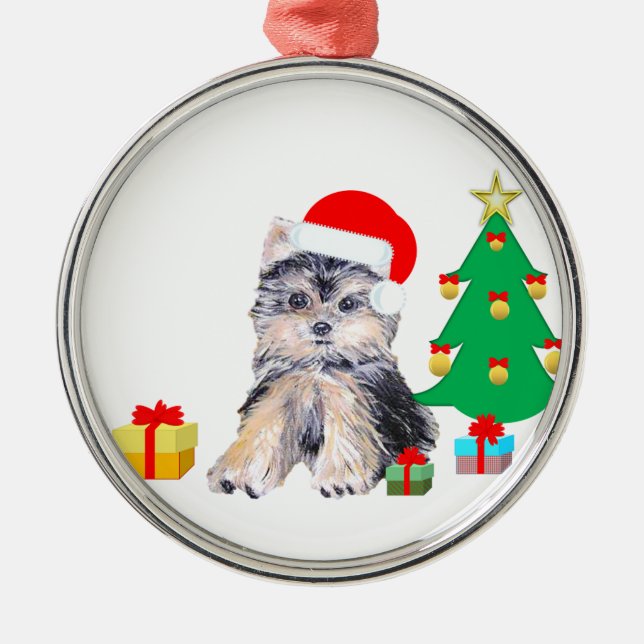 Christmas tree, cute Yorkshire puppy dog & gifts Metal Tree Decoration (Front)