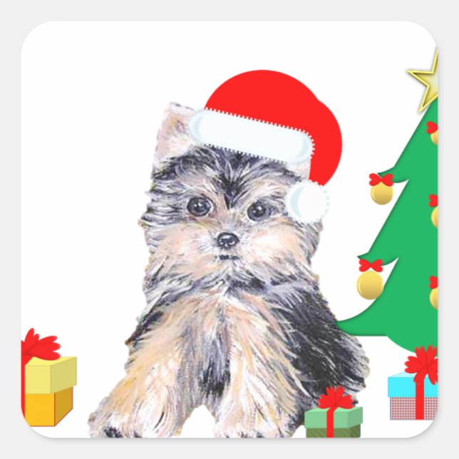 Christmas tree, cute Yorkshire puppy dog & gifts Square Sticker (Front)