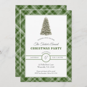 Christmas Tree Dark Green Plaid Christmas Party Invitation
